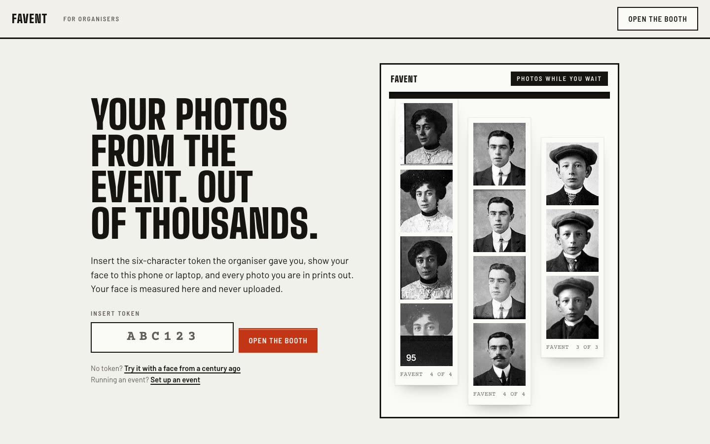 The Favent guest page: Your photos from the event, out of thousands, a slot for the six-character token, and three photo-booth strips from the Rijksmuseum