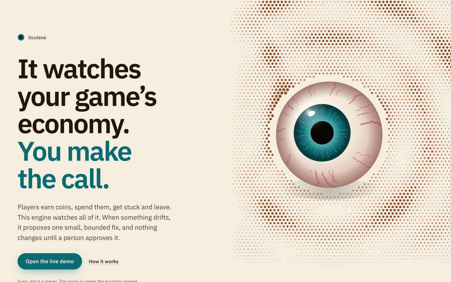 The front page: It watches your game's economy, you make the call, beside an eye over a field of dots, one dot per player
