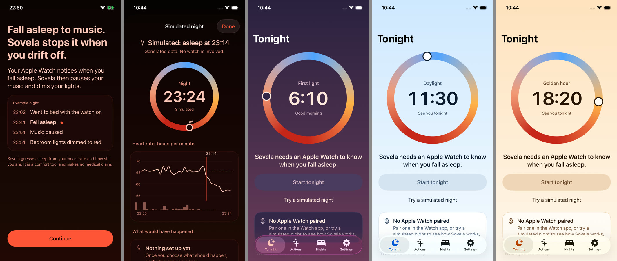 Sovela at five hours of the day: the introduction at night, a simulated night with its heart rate chart, and the Tonight screen at first light, in daylight and at golden hour